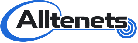 Logo for "Alltenets" featuring the company name in bold black text with a stylized blue circular design looping around the first letter "A" and circling the last letter "s".